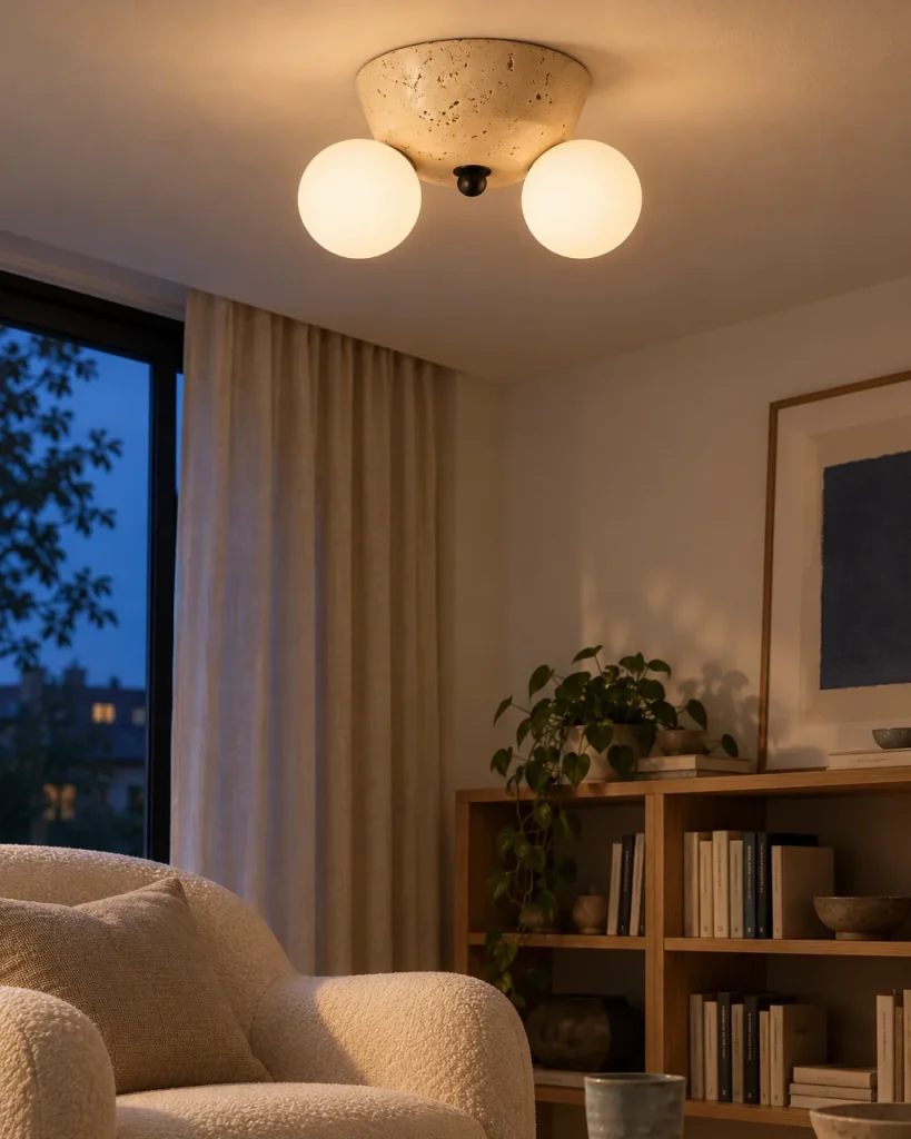 Deckenlampe VOLA, Travertin-Schale mit zwei Glaskugeln – in der Leseecke im Wohnzimmer mit Sessel und Bücherregal, Abendlicht