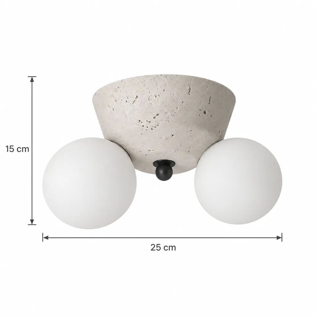 Deckenlampe VOLA, Travertin-Schale mit zwei Glaskugeln – Masszeichnung Breite 25 cm, Höhe 15 cm