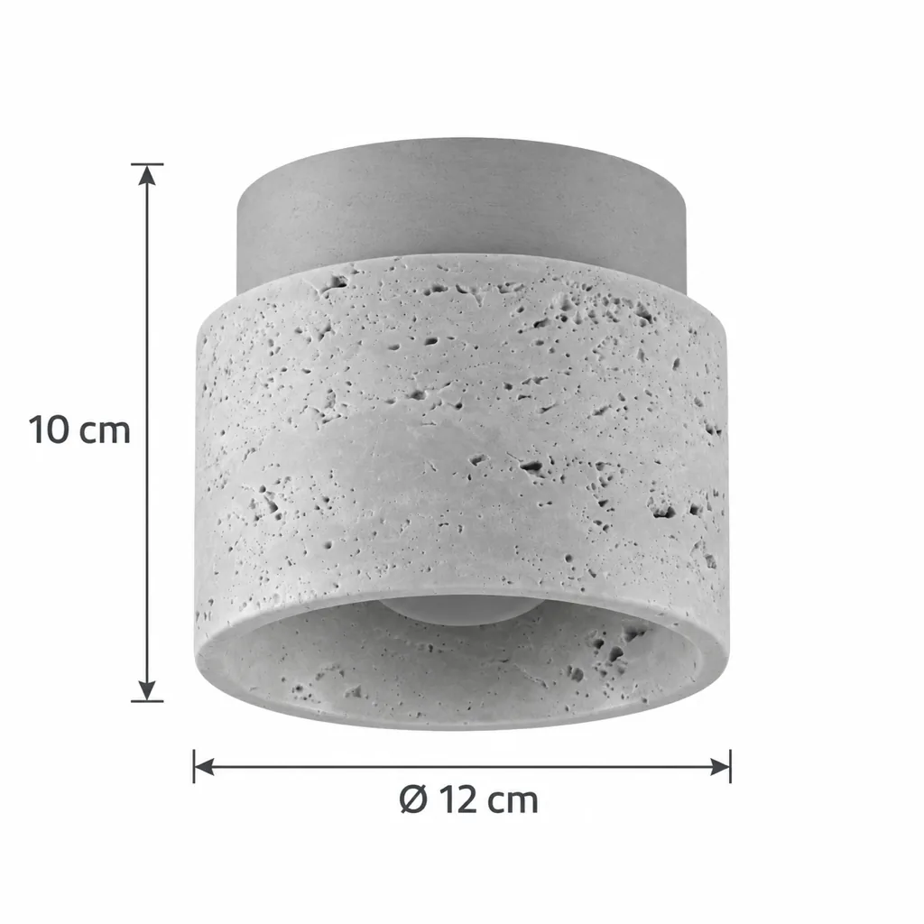 Plafoniera VERTIN, piccolo cilindro di pietra su base in noce – disegno tecnico con misure Ø 12 cm, altezza 10 cm