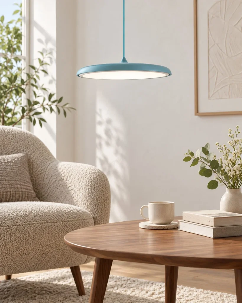 LED-Hängelampe in flacher Scheibenform MAKARON – Helle Wohnszene bei Tageslicht mit natürlicher Grössenwirkung