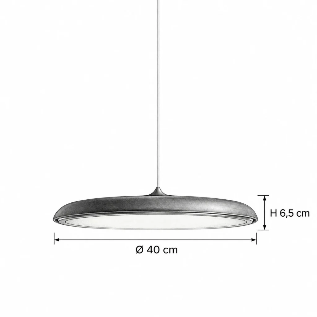 LED-Hängelampe in flacher Scheibenform MAKARON – Masszeichnung Ø 40 cm, H 6,5 cm
