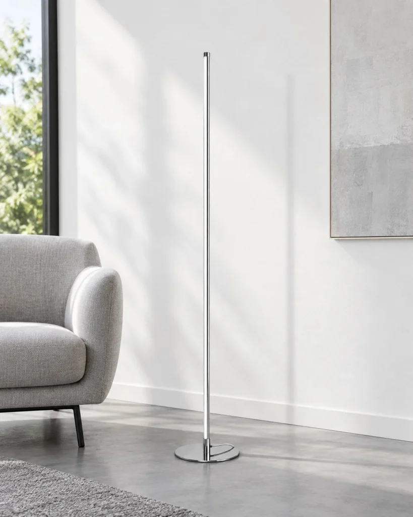 LED-Stehlampe in schlanker Stabform SVEN – Silber, in einem hellen Wohnbereich