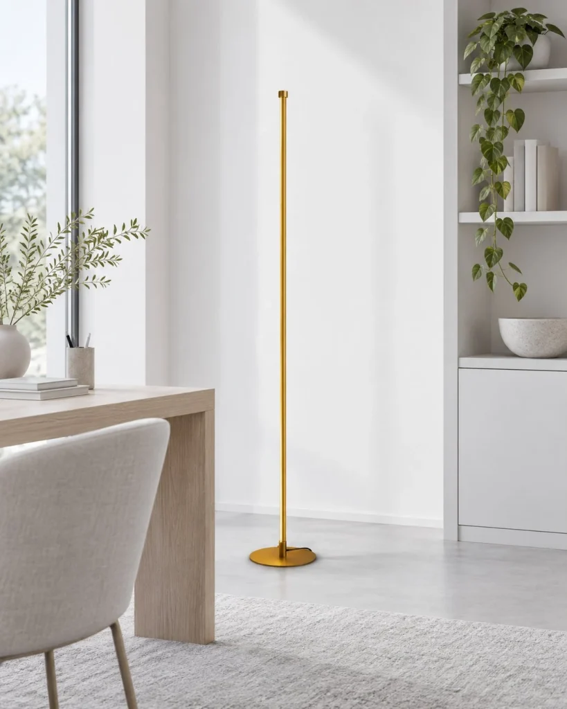 LED-Stehlampe in schlanker Stabform SVEN – Gold – Goldene Ausführung im hellen Arbeitszimmer