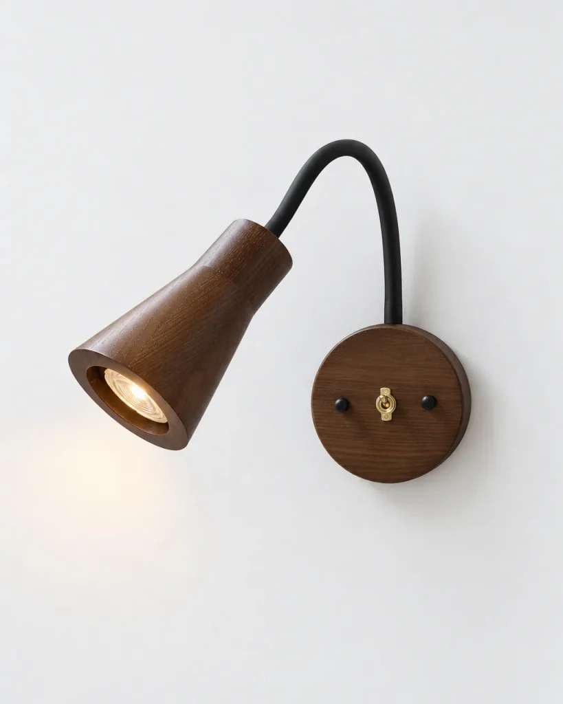 Wandlampe FINA, Leseleuchte aus Holz mit Schwanenhals – Dunkles Holz, Produktfoto