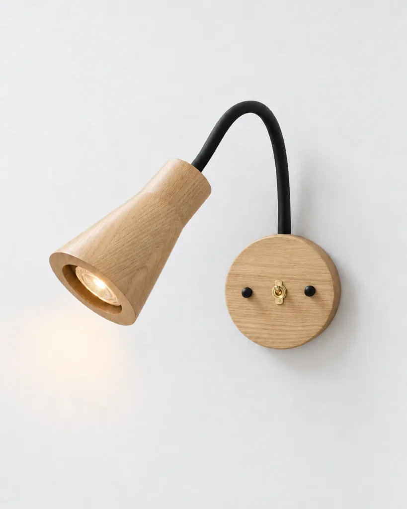 Wandlampe FINA, Leseleuchte aus Holz mit Schwanenhals – Helles Holz, Produktfoto