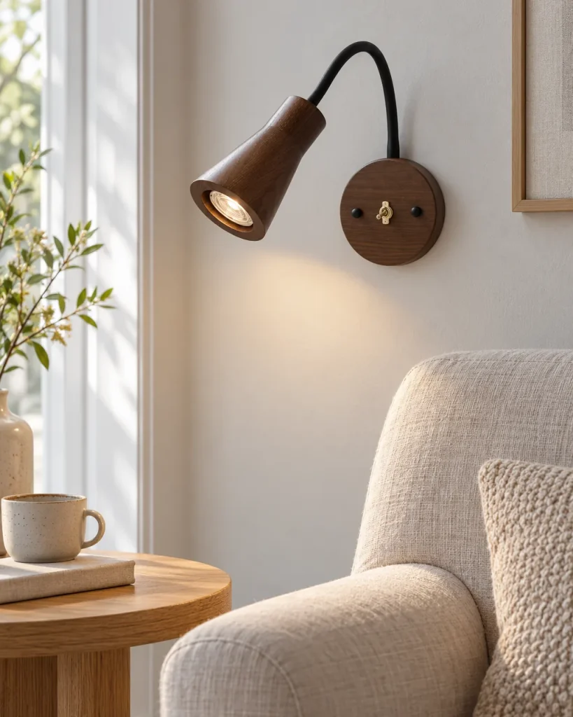 Wandlampe FINA, Leseleuchte aus Holz mit Schwanenhals – im Wohnzimmer über einem Lesesessel, Tageslicht