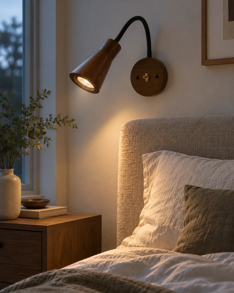 Wandlampe FINA, Leseleuchte aus Holz mit Schwanenhals – im Schlafzimmer über dem Nachttisch, Abendlicht