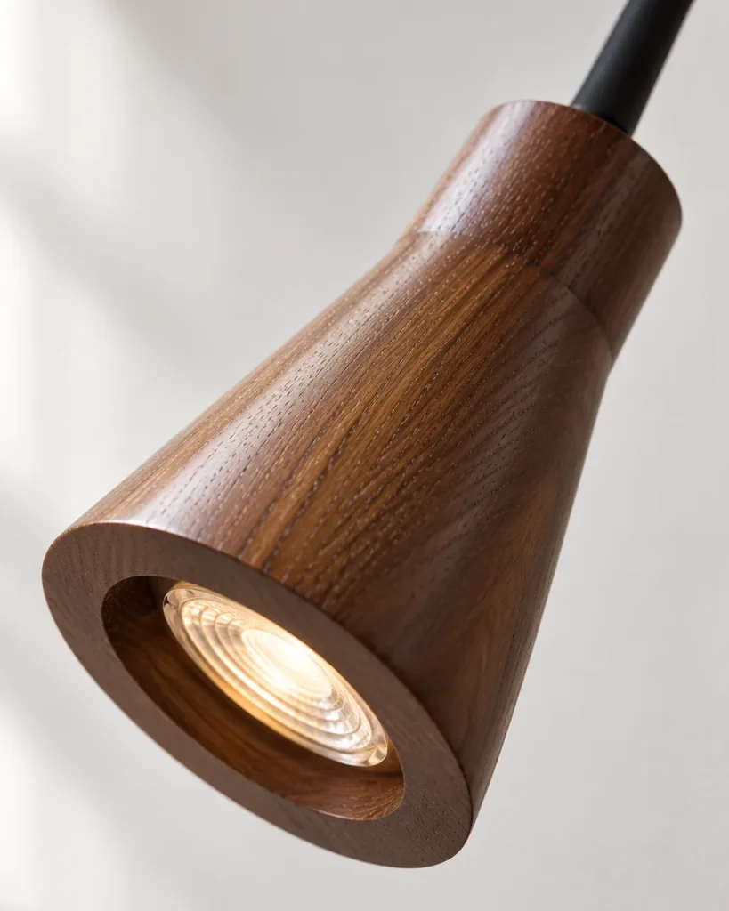 Wandlampe FINA, Leseleuchte aus Holz mit Schwanenhals – Detailansicht der Holzmaserung und der eingelassenen Linse