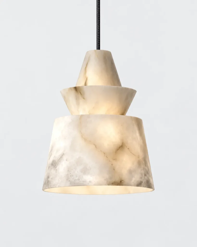 Hängelampe NILA, gestufte Skulptur aus echtem Alabaster – Konisch, Alabaster, Produktfoto