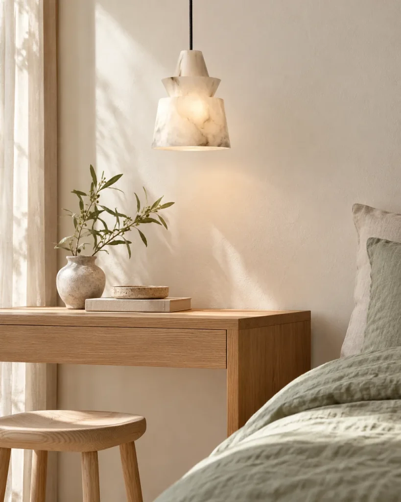 Hängelampe NILA, gestufte Skulptur aus echtem Alabaster – über dem Schreibtisch im Schlafzimmer, Tageslicht
