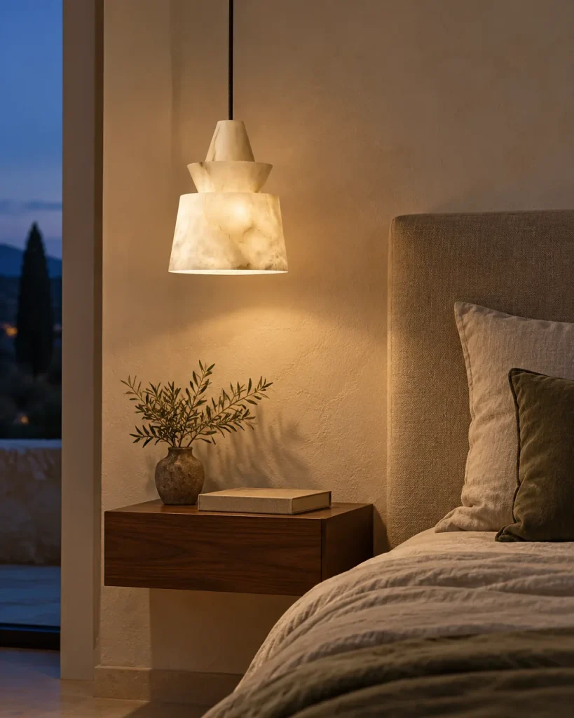 Hängelampe NILA, gestufte Skulptur aus echtem Alabaster – neben dem Bett im Schlafzimmer, Abendlicht