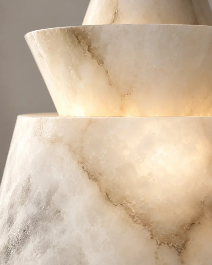 Hängelampe NILA, gestufte Skulptur aus echtem Alabaster – Detailansicht der Alabasteradern und der gestuften Kanten