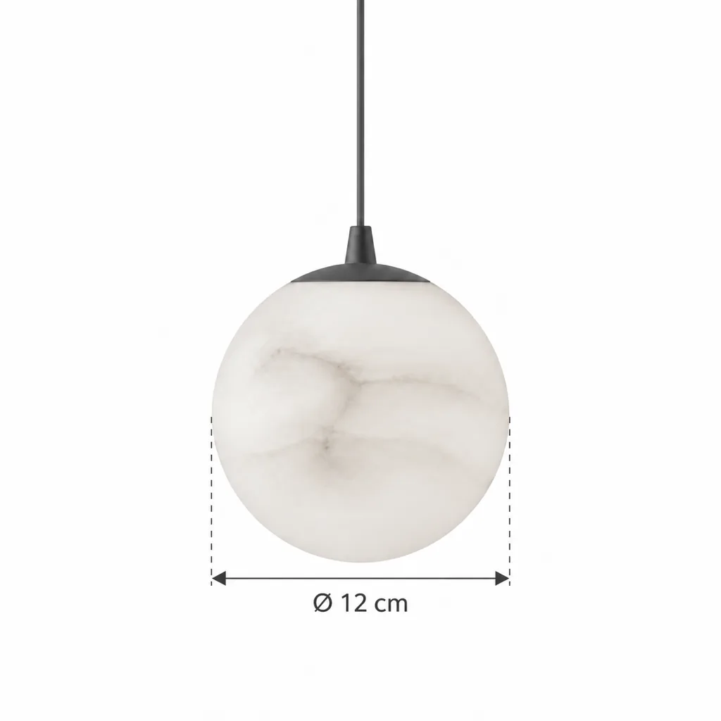 Hängelampe BOURBON, Kleine Alabaster-Kugel, Schwarz oder Gold – Masszeichnung Kugel Ø 12 cm