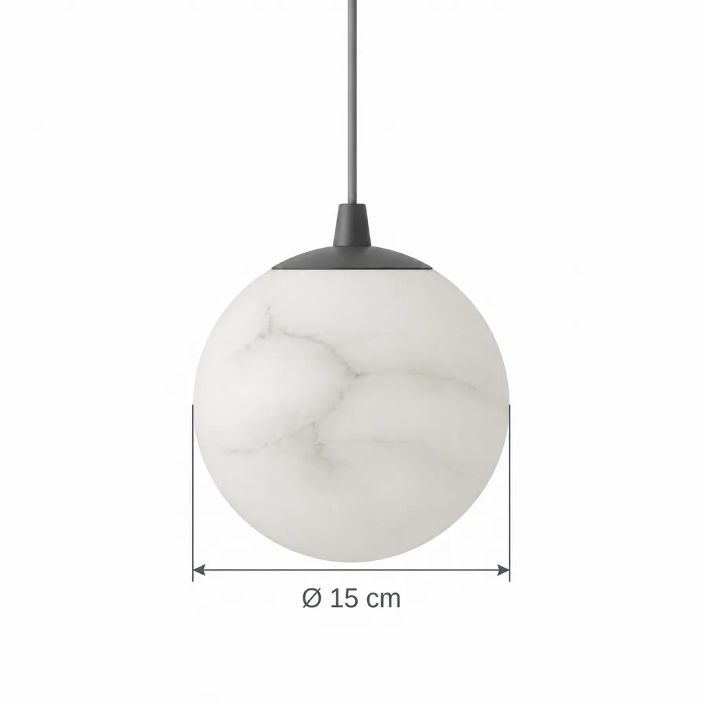 Hängelampe BOURBON, Kleine Alabaster-Kugel, Schwarz oder Gold – Masszeichnung Kugel Ø 15 cm