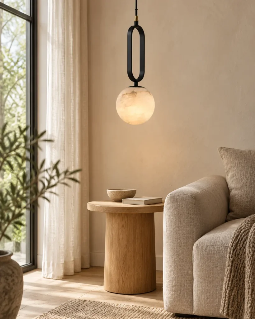 Hängelampe GOIRTA, Alabaster-Kugel an ovalem Metallring – im Wohnzimmer neben einem Sessel über einem Beistelltisch aus Holz, Tageslicht