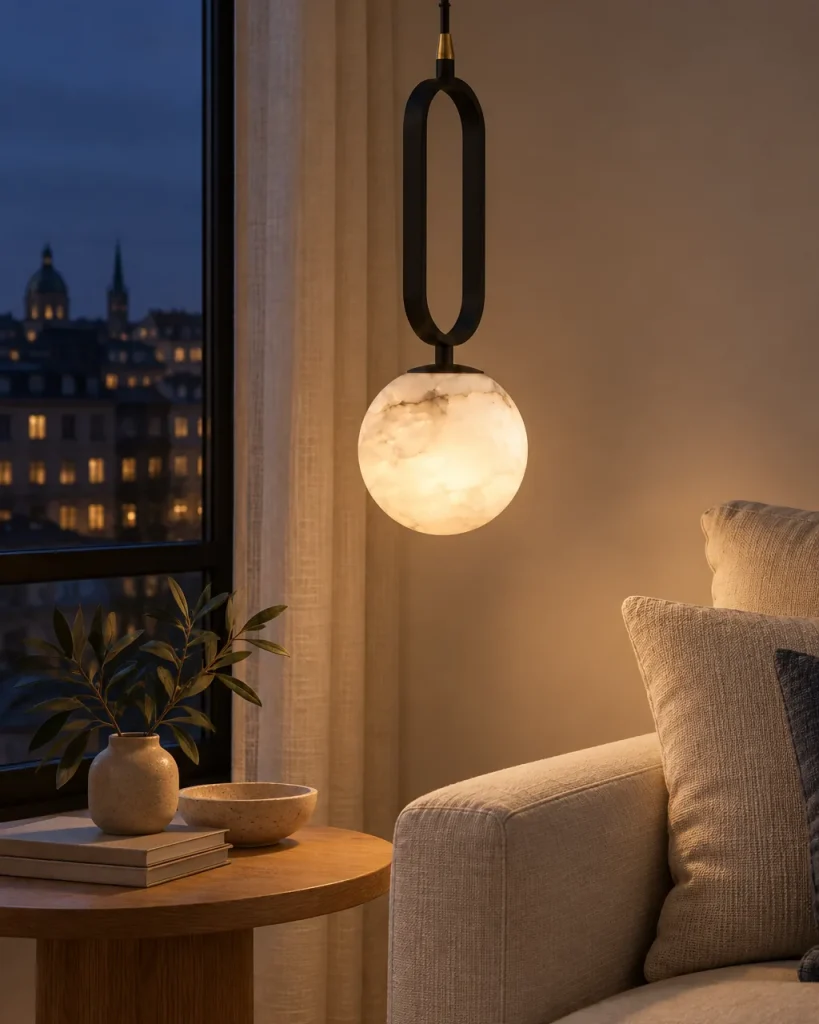 Hängelampe GOIRTA, Alabaster-Kugel an ovalem Metallring – im Wohnzimmer neben einem Sofa über einem Beistelltisch, Abendlicht