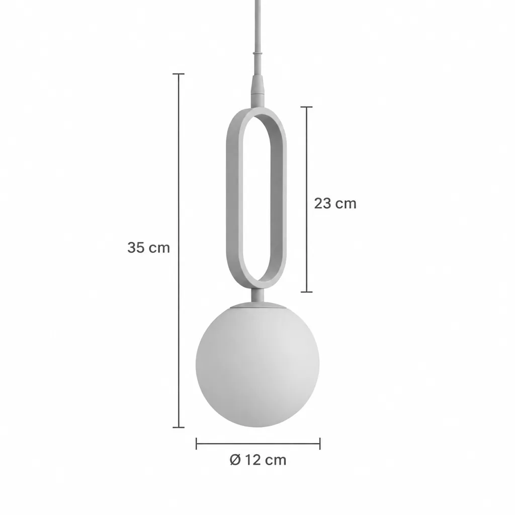 Hängelampe GOIRTA, Alabaster-Kugel an ovalem Metallring – Masszeichnung Höhe 35 cm, ovales Glied 23 cm, Kugel Ø 12 cm
