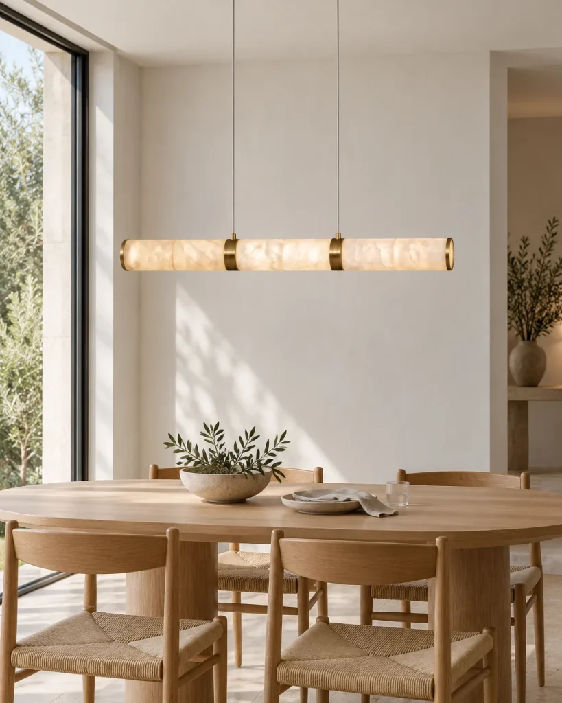 Hängelampe BALVO, Lineare Alabaster-Röhre mit Messing, 4 Längen – über einem Esstisch aus hellem Holz mit Flechtstühlen, Tageslicht