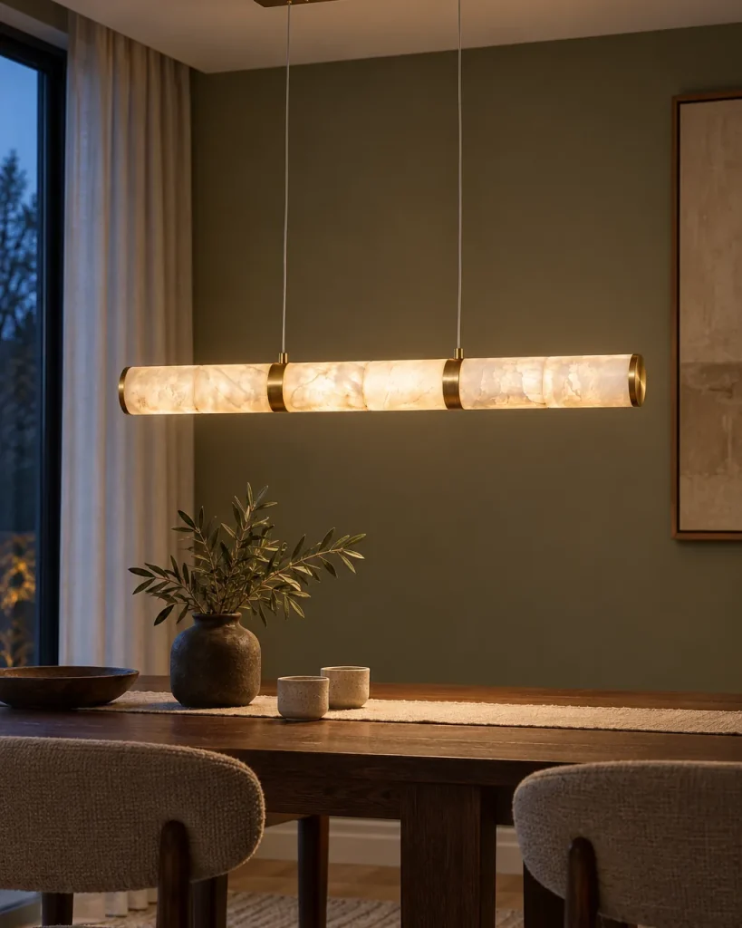 Hängelampe BALVO, Lineare Alabaster-Röhre mit Messing, 4 Längen – über einem dunklen Esstisch vor olivgrüner Wand, Abendlicht