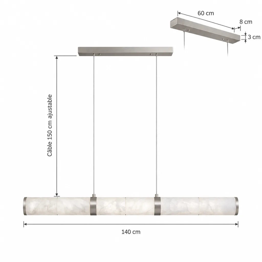 Hängelampe BALVO, Lineare Alabaster-Röhre mit Messing, 4 Längen – Masszeichnung 140 cm, Seil 150 cm, Deckenplatte 60 x 8 x 3 cm