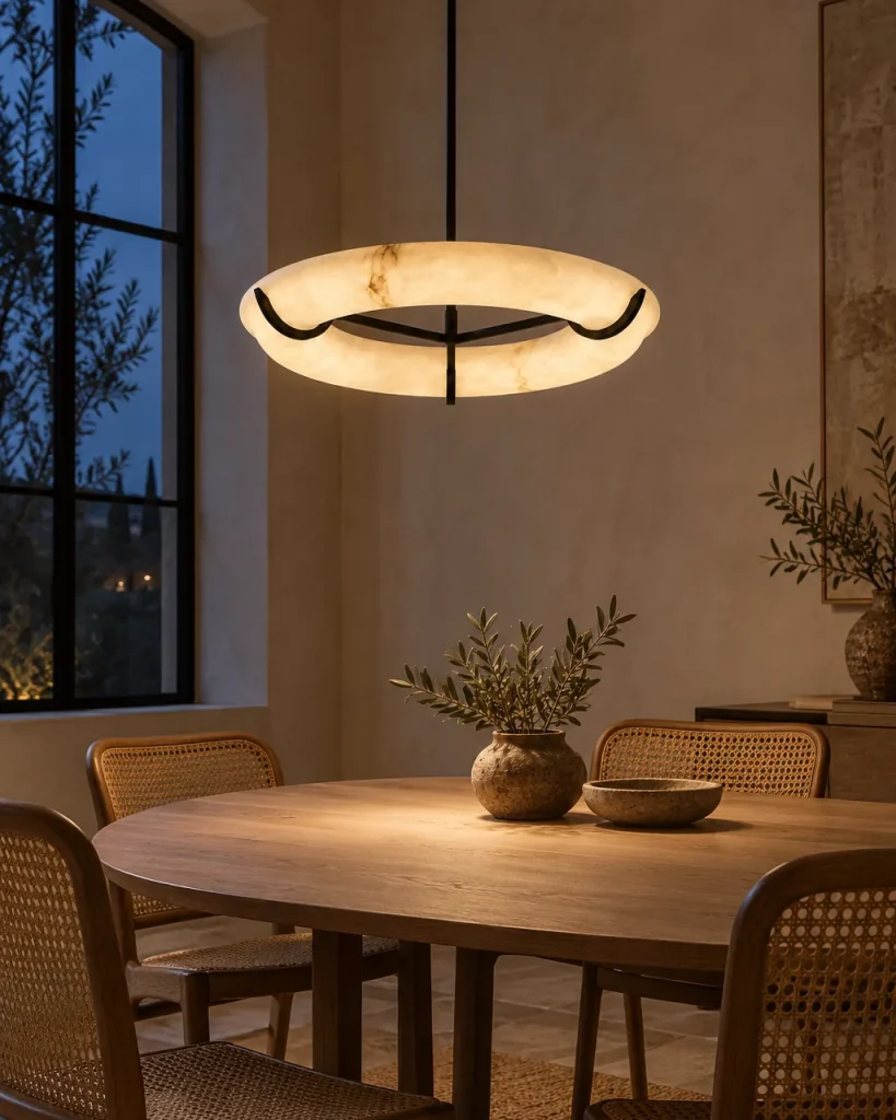 Hängelampe GURSI, Ring aus echtem Alabaster auf schwarzem Gestell – über einem ovalen Eichentisch mit Rattanstühlen, Abendlicht