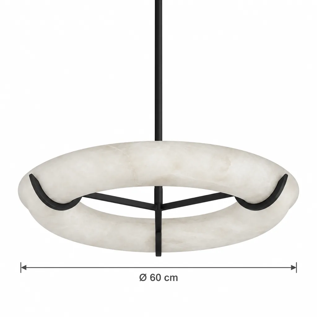Hängelampe GURSI, Ring aus echtem Alabaster auf schwarzem Gestell – Masszeichnung Ø 60 cm