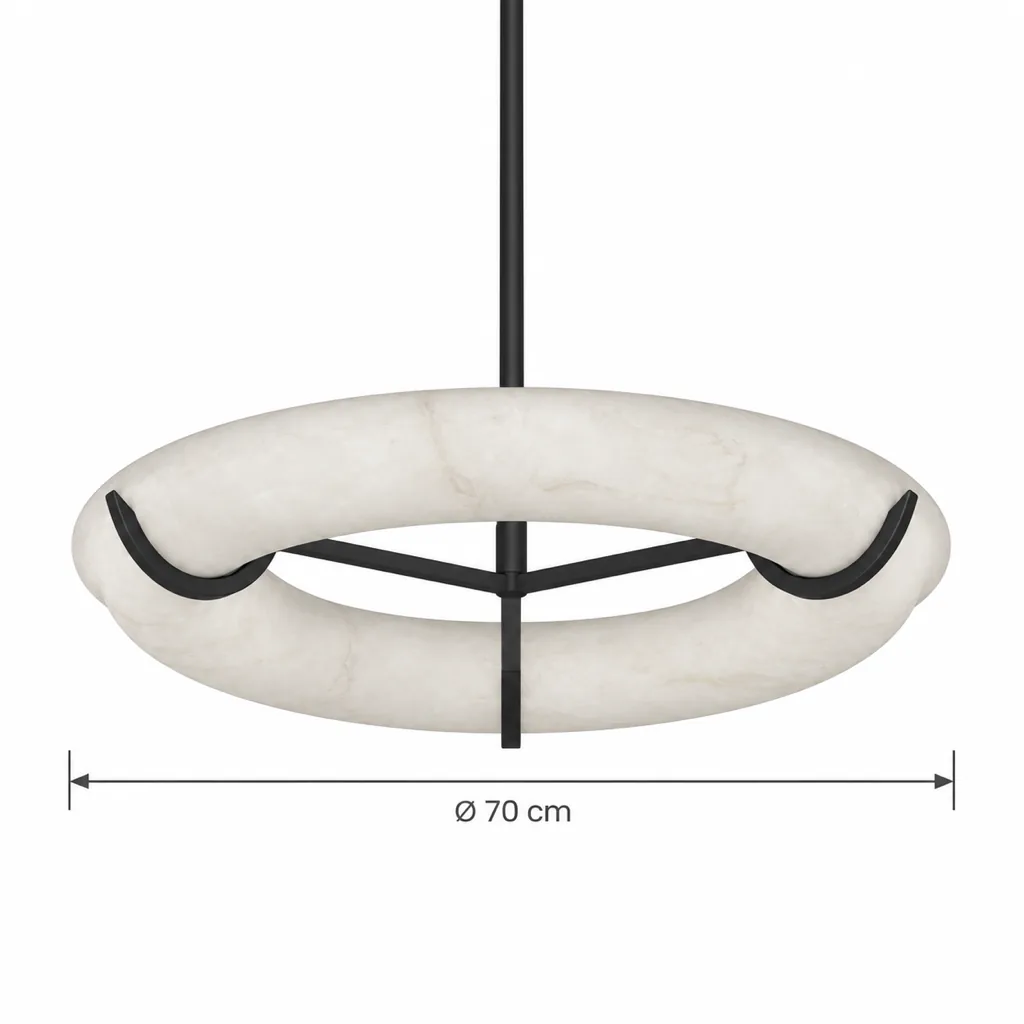 Hängelampe GURSI, Ring aus echtem Alabaster auf schwarzem Gestell – Masszeichnung Ø 70 cm