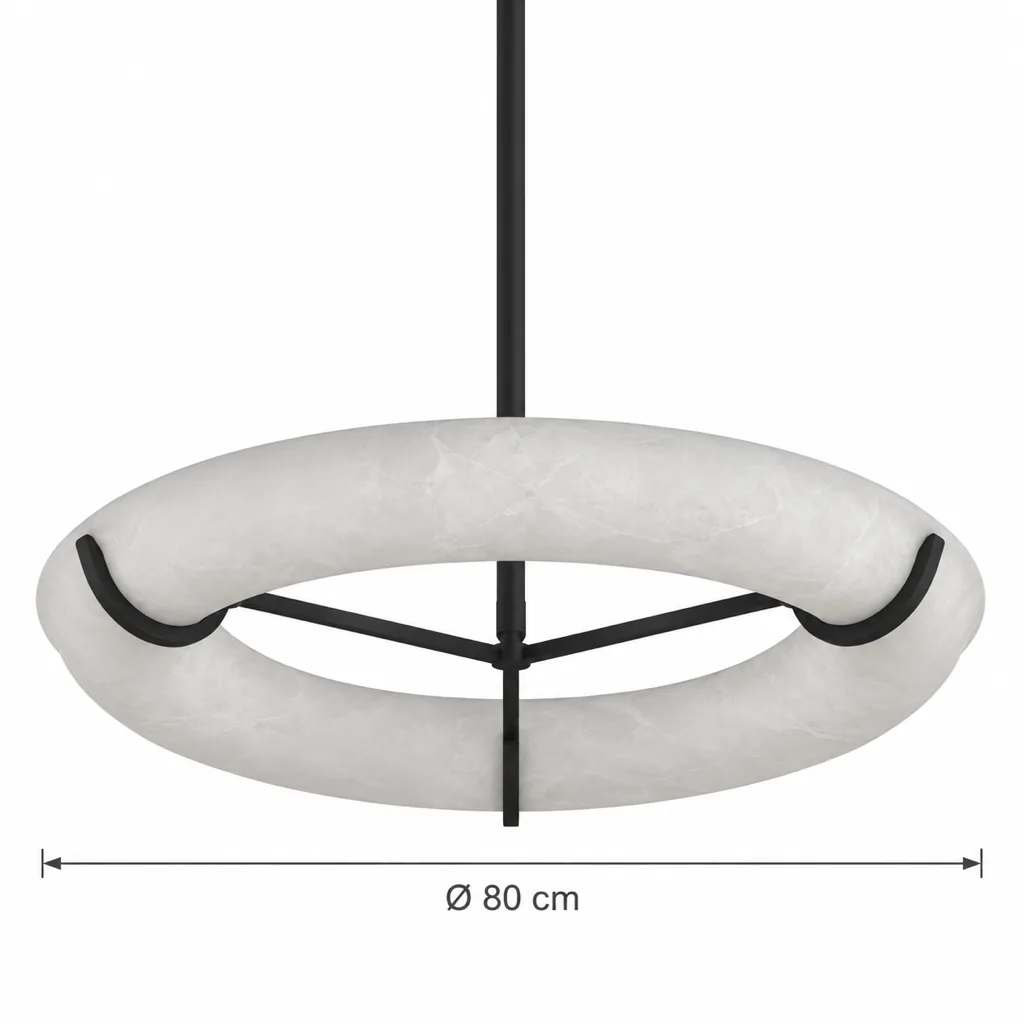 Hängelampe GURSI, Ring aus echtem Alabaster auf schwarzem Gestell – Masszeichnung Ø 80 cm