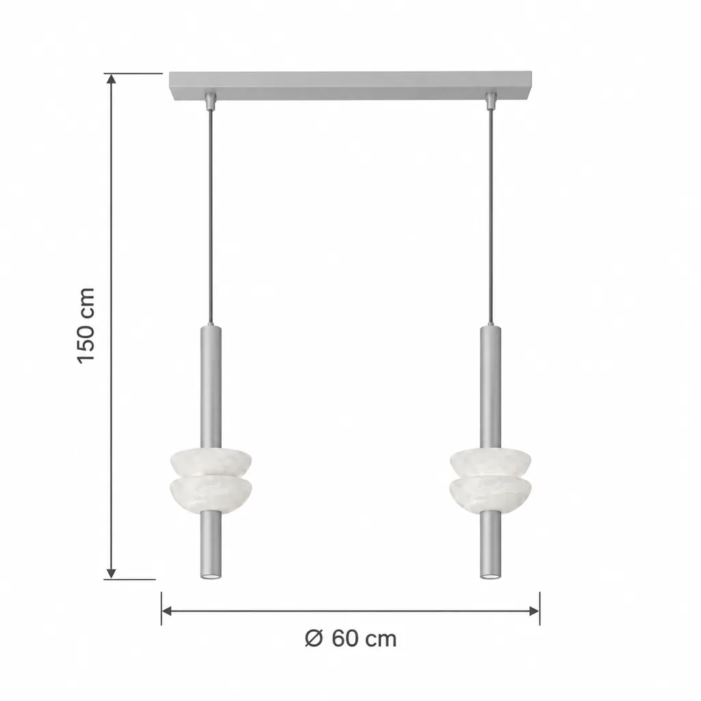 Lampada a sospensione BEMBI, doppia coppa in alabastro – disegno tecnico con misure 2 luci, larghezza 60 cm, altezza 150 cm