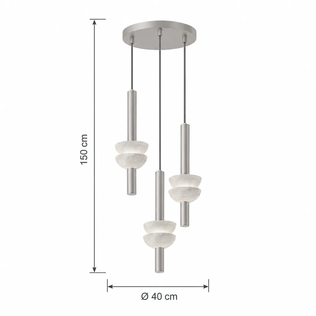 Lampada a sospensione BEMBI, doppia coppa in alabastro – disegno tecnico con misure 3 luci in tondo, Ø 40 cm, altezza 150 cm