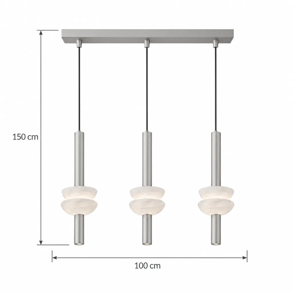 Lampada a sospensione BEMBI, alabastro – disegno tecnico con misure 3 luci in linea, lunghezza 100 cm, altezza 150 cm