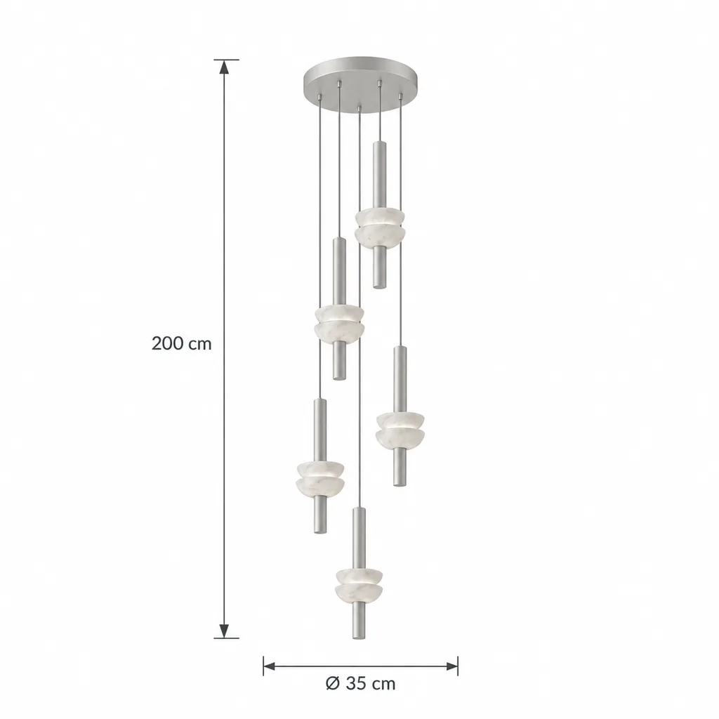 Lampada a sospensione BEMBI, doppia coppa in alabastro – disegno tecnico con misure 5 luci, Ø 35 cm, altezza 200 cm