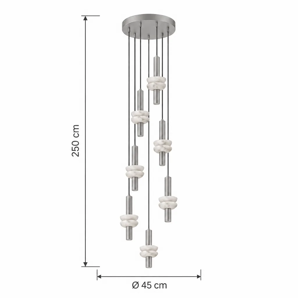 Lampada a sospensione BEMBI, doppia coppa in alabastro – disegno tecnico con misure 7 luci, Ø 45 cm, altezza 250 cm
