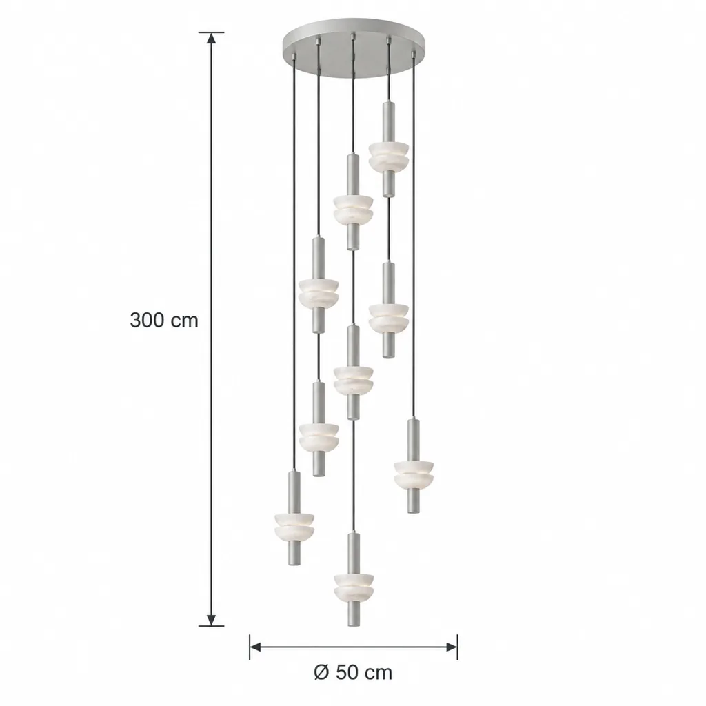 Lampada a sospensione BEMBI, doppia coppa in alabastro – disegno tecnico con misure 9 luci, Ø 50 cm, altezza 300 cm