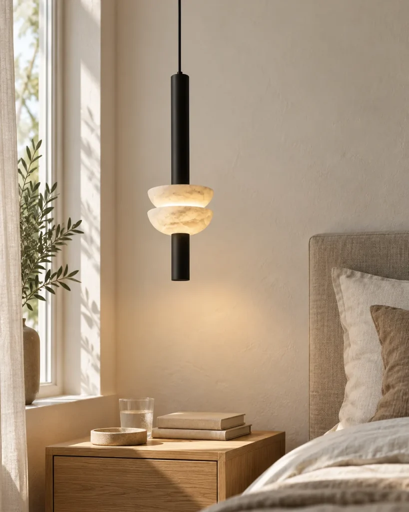 Lampada a sospensione BEMBI, alabastro – in camera da letto accanto al letto sopra un comodino, luce diurna