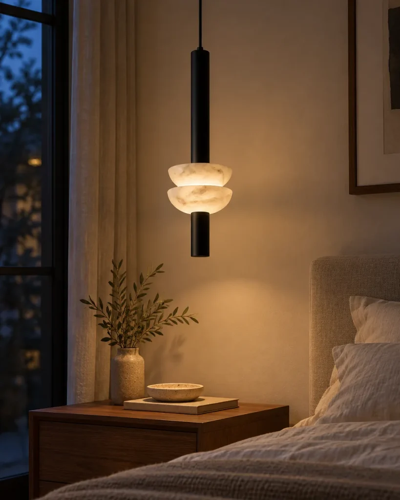 Lampada a sospensione BEMBI, alabastro – in camera da letto accanto al letto sopra un comodino, luce serale