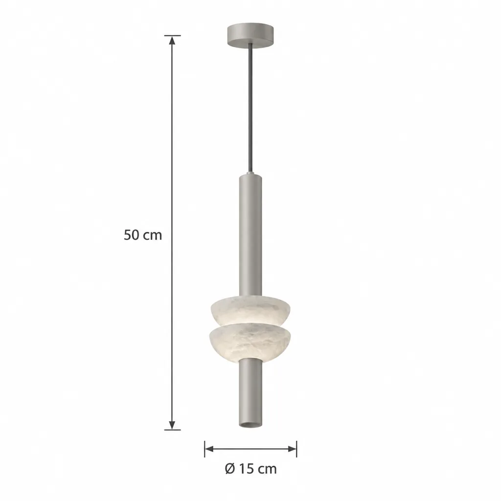 Lampada a sospensione BEMBI, doppia coppa in alabastro – disegno tecnico con misure 1 luce, Ø 15 cm, altezza 50 cm