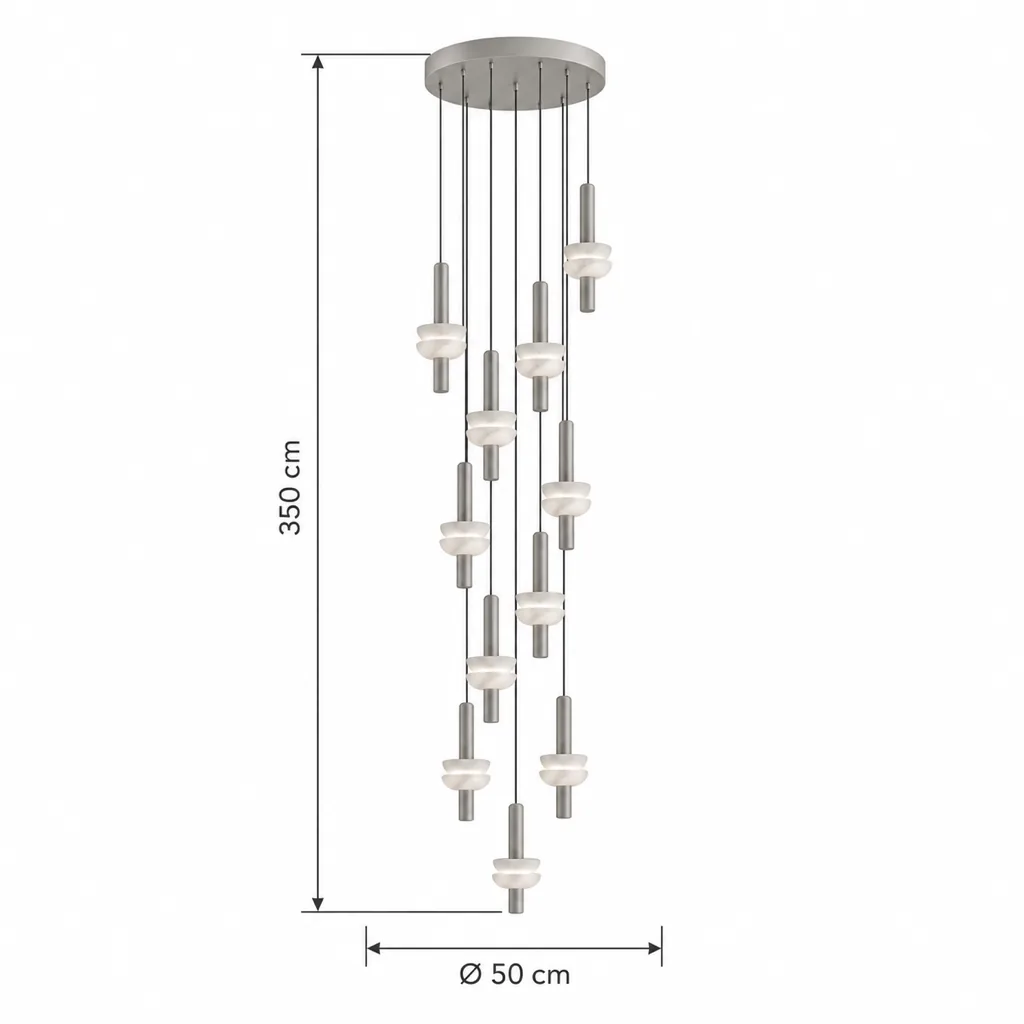 Lampada a sospensione BEMBI, doppia coppa in alabastro – disegno tecnico con misure 11 luci, Ø 50 cm, altezza 350 cm