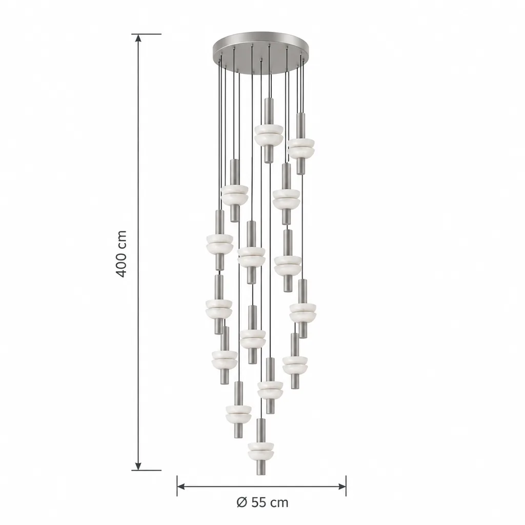 Lampada a sospensione BEMBI, doppia coppa in alabastro – disegno tecnico con misure 15 luci, Ø 55 cm, altezza 400 cm