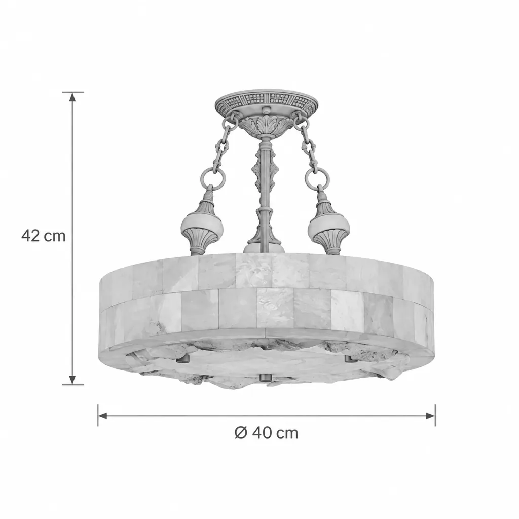 Hängelampe FETE, Alabaster-Trommel an verzierter Messingfassung – Masszeichnung Ø 40 cm, Höhe 42 cm