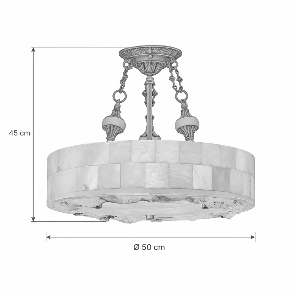 Hängelampe FETE, Alabaster-Trommel an verzierter Messingfassung – Masszeichnung Ø 50 cm, Höhe 45 cm