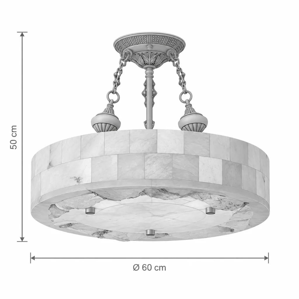 Hängelampe FETE, Alabaster-Trommel an verzierter Messingfassung – Masszeichnung Ø 60 cm, Höhe 50 cm