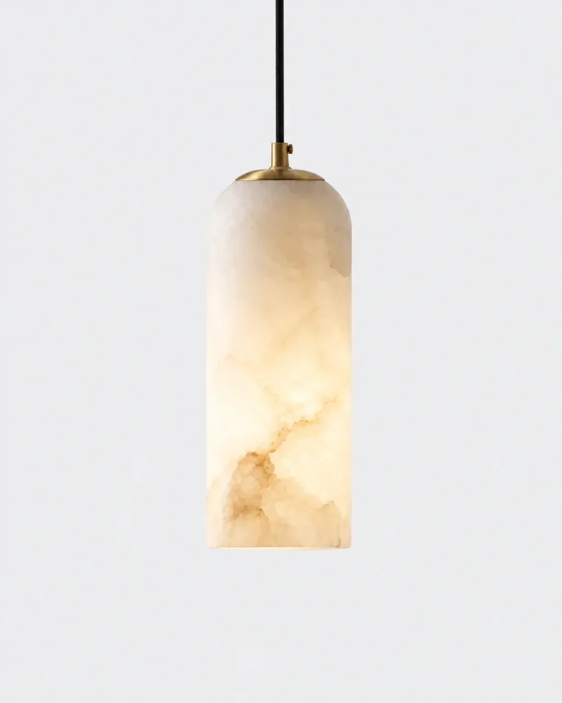 Hängelampe JUAD, schmaler Zylinder aus echtem Alabaster – Messing, Produktfoto
