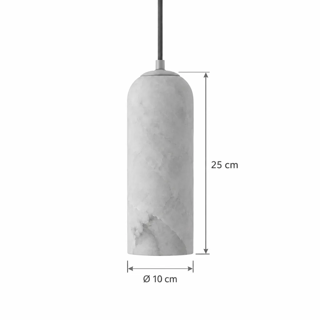 Hängelampe JUAD, schmaler Zylinder aus echtem Alabaster – Masszeichnung Höhe 25 cm, Ø 10 cm