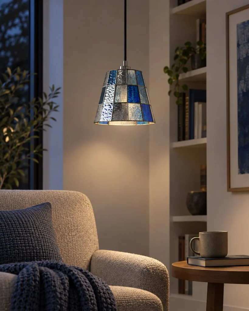 Hängelampe aus farbigem Glas SARI – Ruhiges Wohnambiente am Abend