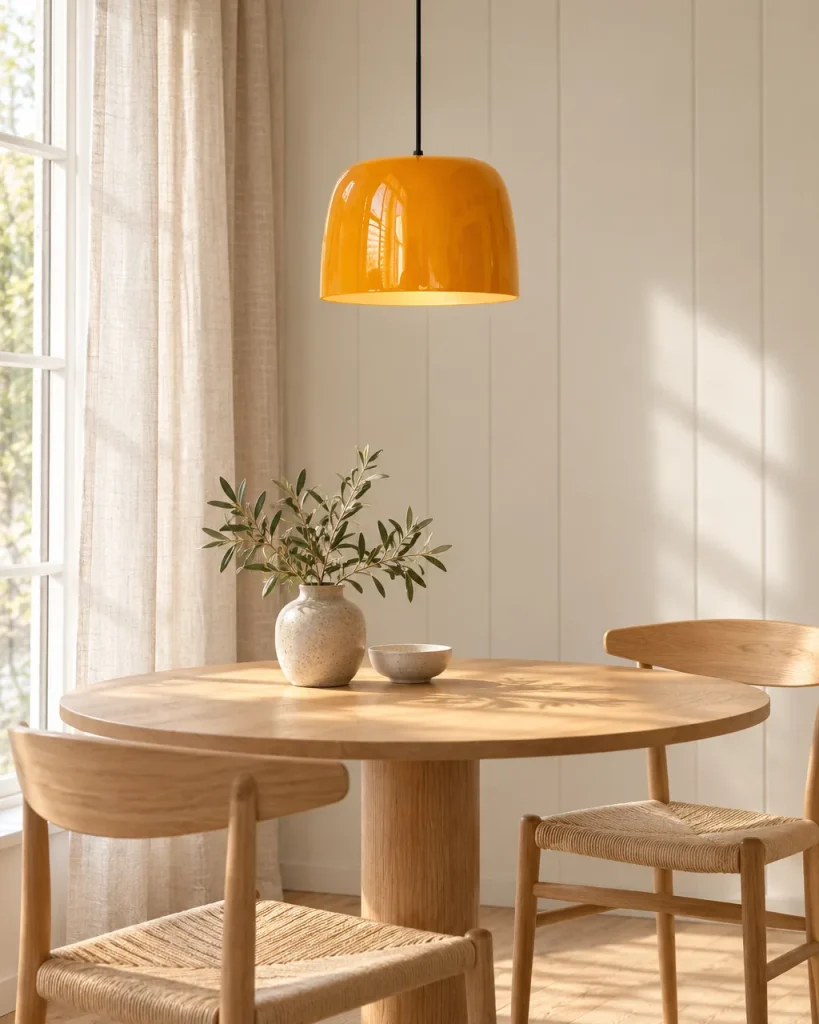 Hängelampe RANGE, glänzende Kuppel aus orangem Glas – über dem runden Esstisch, Tageslicht