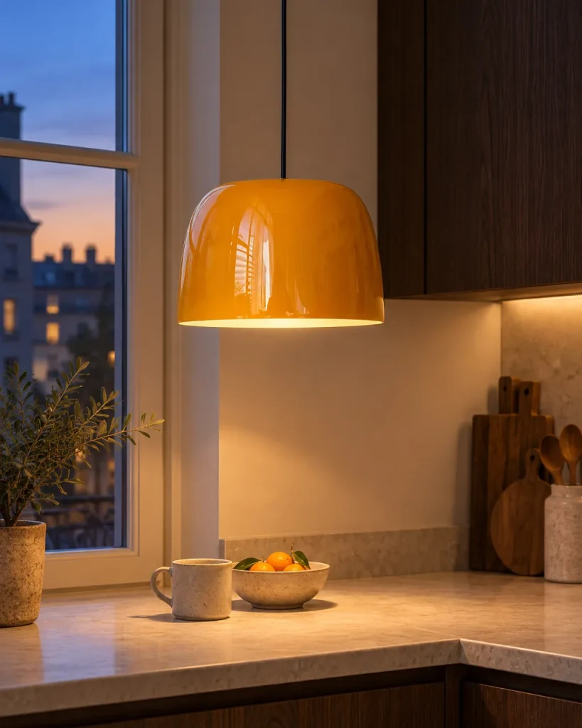 Hängelampe RANGE, glänzende Kuppel aus orangem Glas – über der Arbeitsfläche in der Küche, Abendlicht