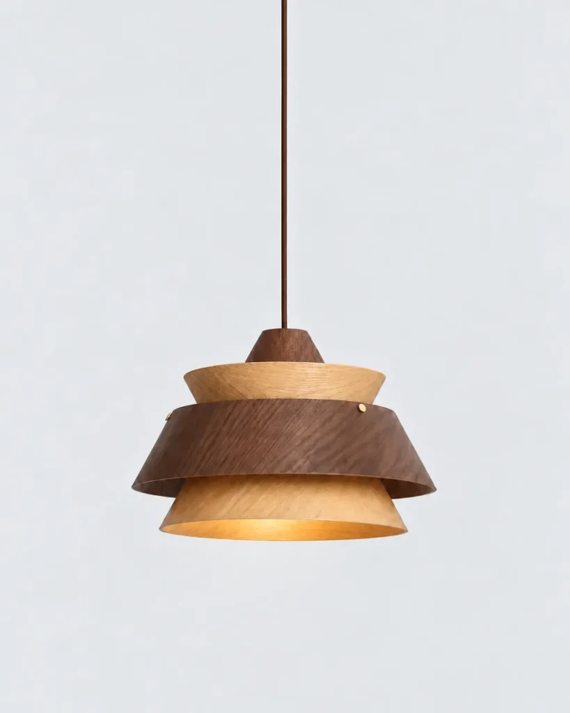 Lampada a sospensione KOMA, paralume a gradini in legno bicolore – legno scuro, foto prodotto