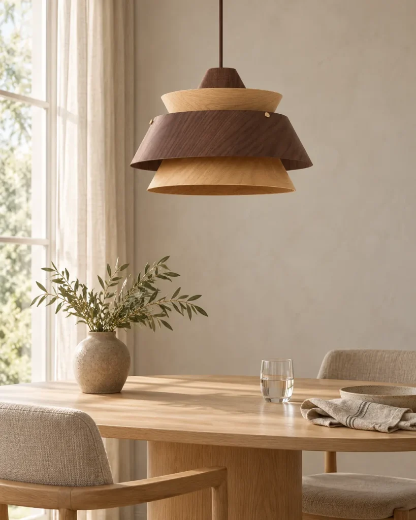 Lampada a sospensione KOMA, legno a gradini – legno scuro, sopra un tavolo da pranzo in legno, luce diurna