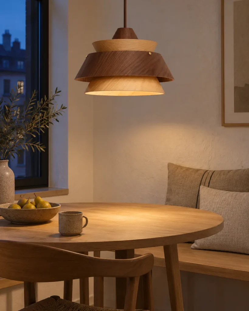 Lampada a sospensione KOMA, legno a gradini – legno scuro, sopra un tavolo nell'angolo pranzo con panca, luce serale